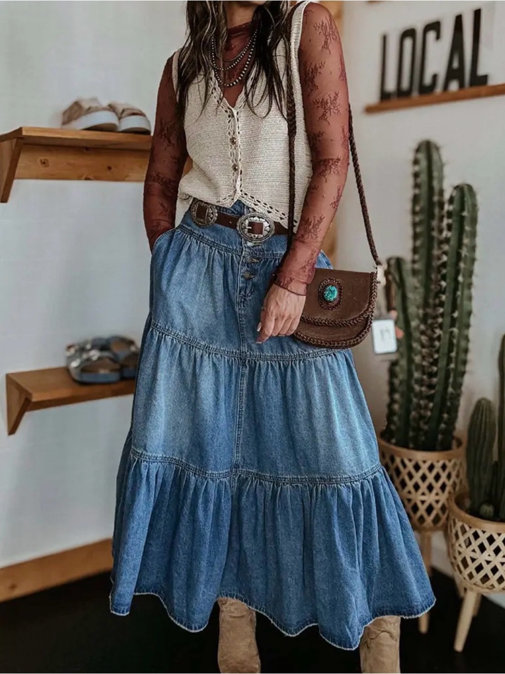 Denim Tiered Maxi Skirt - Blue